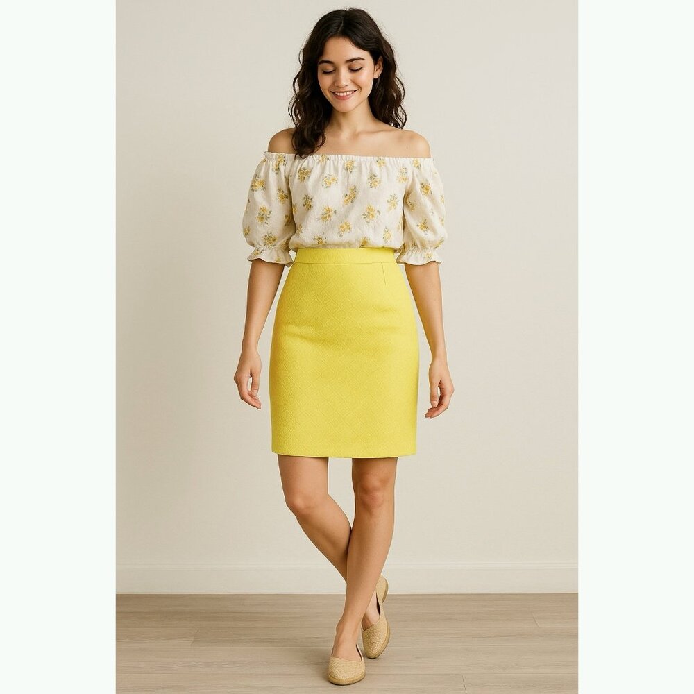 The Limited Women’s 0 Pencil Skirt Yellow Textured Jacquard Office Career